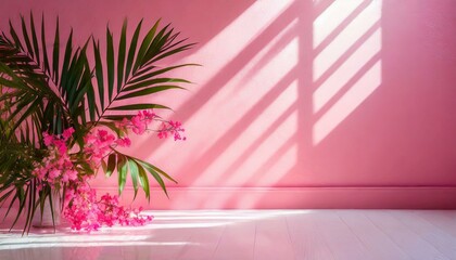 Pink color gradient abstract background for product presentation. Empty room with shadows of window and flowers and palm leaves
