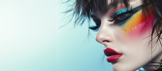 Close up dramatic eye makeup. Fashion art portrait. Beauty makeup artist ideas. Red lips, eyes, eyeshadows. Vivid bright make-up, lipstick for party.