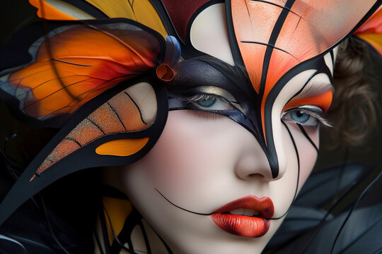 Close up dramatic eye makeup. Fashion art portrait. Beauty makeup artist ideas. Red lips, eyes, eyeshadows. Vivid bright make-up, lipstick for party. - Powered by Adobe