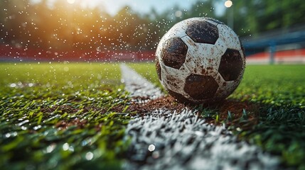 Experience the excitement of the game through a captivating black and white image of soccer and football balls on the field, tailored for sports-themed posters, greeting cards, headers, websites