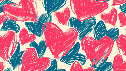 Scribbled doodle love hearts in red and blue as seamless wallpaper background pattern - obrazy, fototapety, plakaty