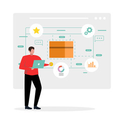 a man is standing and presenting about his business and marketing graphs that keep going up flat design, vector illustration