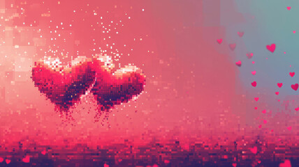 Two pixelated red hearts in love in retro video game pixel art design