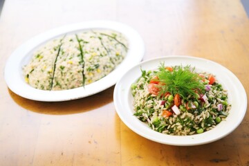 baba ganoush and tabbouleh salad side by side on a serving plate
