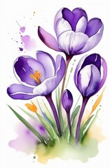 purple crocus flower on a white background, illustration, picture, watercolor, greens, postcard, saffron, botany, flora