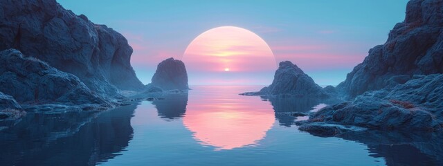 3d render,abstract zen seascape background.new world,calm water and pastel gradient sky.Futuristic minimalist wallpaper.