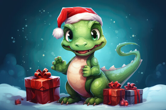 Cute green christmas dragon in santa hat in cartoon style with gift boxs .The dragon is the symbol of 2024. New Year holiday card. Happy New Year!