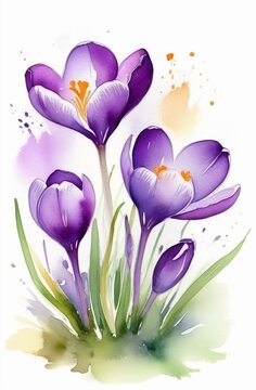 purple crocus flower on a white background, illustration, picture, watercolor, greens, postcard, saffron, botany, flora