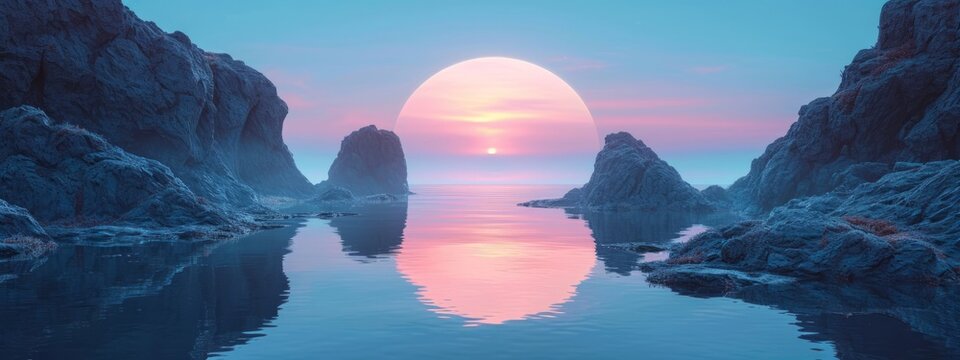 3d Render,abstract Zen Seascape Background.new World,calm Water And Pastel Gradient Sky.Futuristic Minimalist Wallpaper.