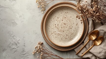 Explore the chic aesthetic of a beige porcelain plate on a pastel background, complemented by golden cutlery and dried flowers--a perfect dishware mockup. ar 16:9