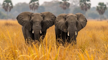 Naklejka premium Couple of elephants in the savannah Surrounded by nature
