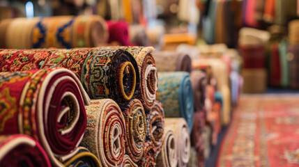 Colourful carpets on display, rolled up in a decor store. - obrazy, fototapety, plakaty