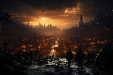 Fototapeta na wymiar Apocalyptic cityscape with burning buildings, burnt-out vehicles and ruined roads.