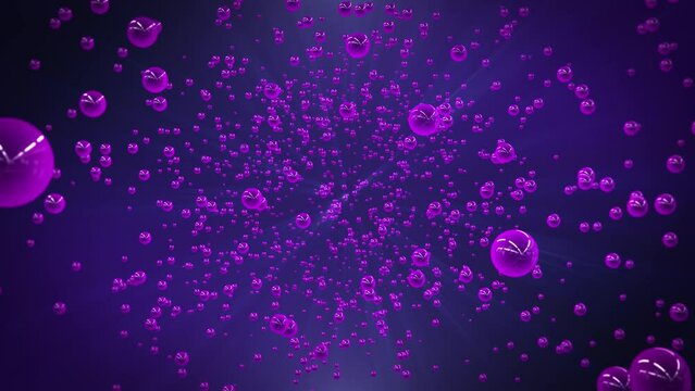 Abstract purple bubbles floating and spinning on a shiny dark blue background with bright reflections and moving camera effect , motion graphics , video 4k , 60 fps