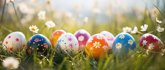 Happy Easter. Colorful easter eggs decorated with flowers in the grass in the rays of sunlight, illustration, beautiful bokeh. - obrazy, fototapety, plakaty