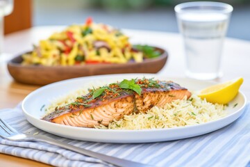 lemon and pepper baked salmon with a side of rice pilaf