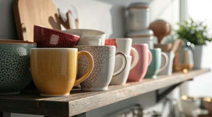Colourful ceramic mugs lined up neatly on a wooden shelf. - obrazy, fototapety, plakaty