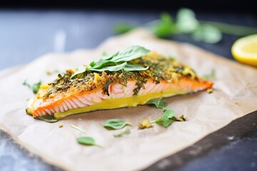 baked salmon with a honey mustard crust on slate