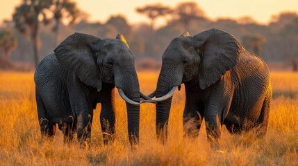 Couple of elephants in the savannah Surrounded by nature