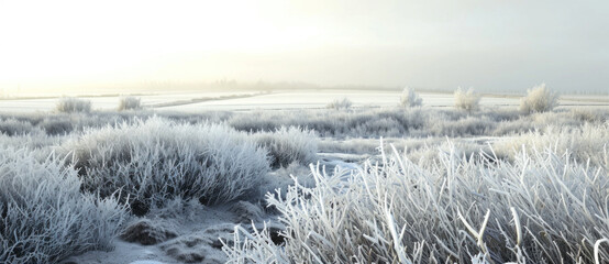 A serene winter dawn breathes life into a frost-kissed meadow, where nature's stillness echoes the crisp chill