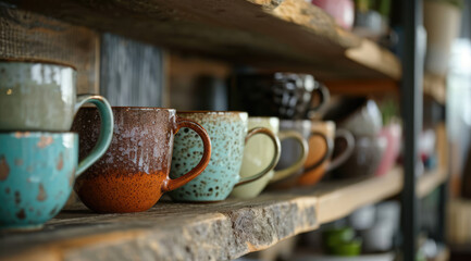 Obraz na płótnie Canvas Assorted ceramic mugs on a rustic wooden kitchen shelf.