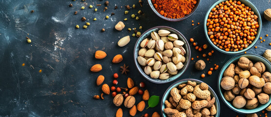 An assortment of nuts and spices artfully scattered on a dark backdrop, hinting at culinary adventures and natural goodness