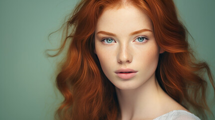 Portrait of an elegant, sexy happy Caucasian woman with perfect skin and red hair, on a light green background, banner.