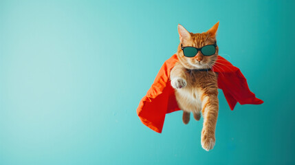 A dashing feline hero soars in a cape and shades, embodying whimsy against a sky-blue backdrop