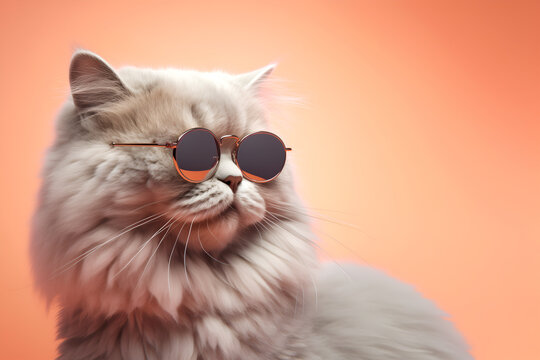 Creative Animal Concept. British Longhair Cat Kitten In Sunglass Shade Glasses Isolated On Solid Pastel Background, Commercial, Editorial Advertisement, Surreal Surrealism	
