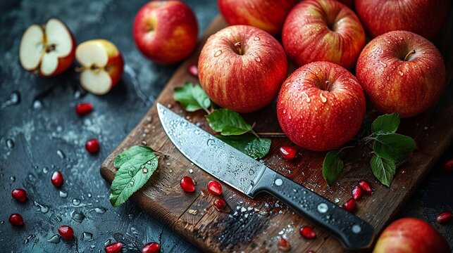 Take in the picturesque arrangement of fresh red apples, leaves, and a knife in this inviting flat lay scene on a wooden table.