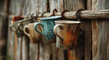 Rustic mugs lined up on an old wooden fence.