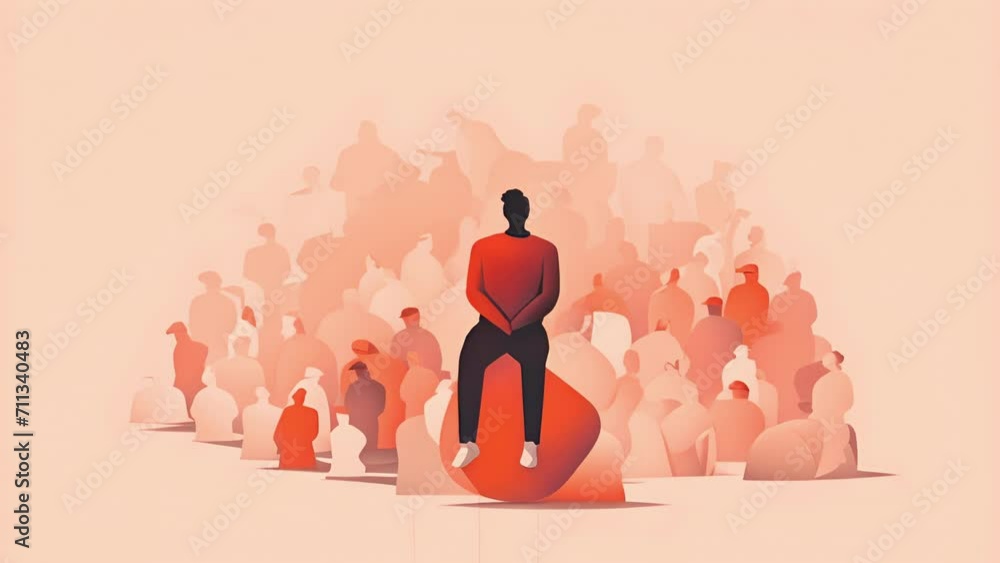 Poster a person sitting in a crowd seemingly lost in their own thoughts and oblivious to the conversations 