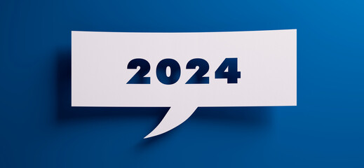 Speech bubble with the year 2024 in front of a blue colored wall - 3D illustration