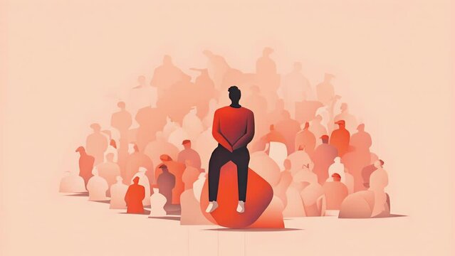 A person sitting in a crowd seemingly lost in their own thoughts and oblivious to the conversations that are Psychology art concept.