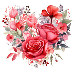 Watercolor Valentine day clipart with red roses bouquet in heart shape on a white background