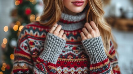 Capture the festive moment of a woman choosing a Christmas sweater from a rack, highlighted in a close-up near a white wall. - obrazy, fototapety, plakaty