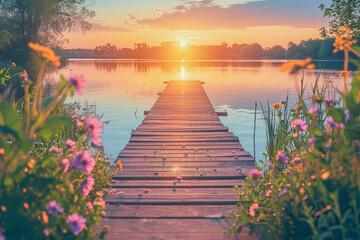 Fototapeta premium Peaceful landscape by the lake, spring celebration, Landscape concept, generative ai