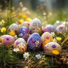 Happy Easter. Easter scene with decorated eggs,natural grass background, flower petals