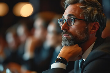 Tired businessman or politician at a congress conference. Side view of a middle-aged man in glasses and a suit listening while sitting indoors - obrazy, fototapety, plakaty