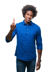 Afro american man over isolated background showing and pointing up with finger number one while smiling confident and happy.