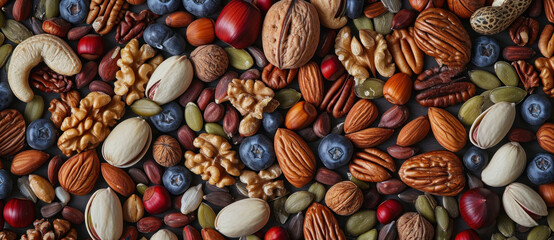 A tapestry of nuts and berries offers a feast for the eyes, rich in textures and the promise of natural goodness - obrazy, fototapety, plakaty