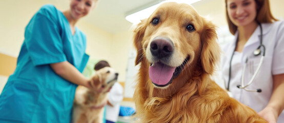 A golden retriever beams with joy at the vet's office, surrounded by the compassionate care of veterinary professionals