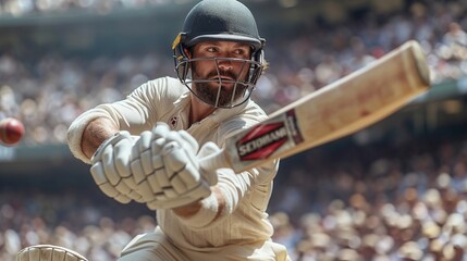 Front view of Cricket Batsman Action, Cricket game closeup player batting ball
