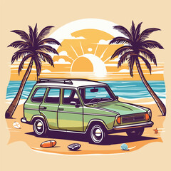 retro car illustration, car on the beach, Summer t-shirt design, vector illustration, sun t-shirt design, retro car on a beach, car on a beach