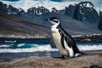 Immerse yourself in the frosty tranquility of Antarctica as a chinstrap penguin enjoys the pristine beauty of the beach.