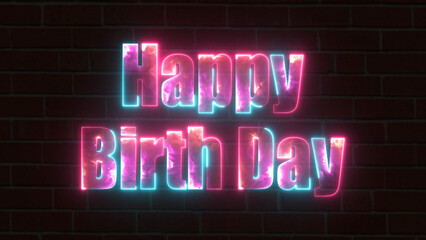 Happy Birthday neon sign on brick wall for party decoration . Anniversary greeting card. Light effect banner and vector stock illustration.
