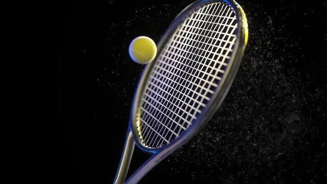 A tennis racket hits a tennis ball and dust flies off from it on a black background, slow motion, 3D animation
