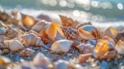 A collection of whimsical seashells scattered along the shoreline