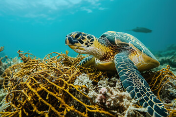 Obraz premium Turtles caught in fishing nets