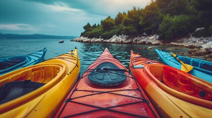 A fleet of colorful kayaks ready for an exploration of the coastline